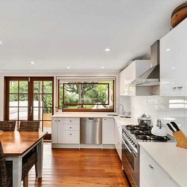 White kitchen with timber floor
